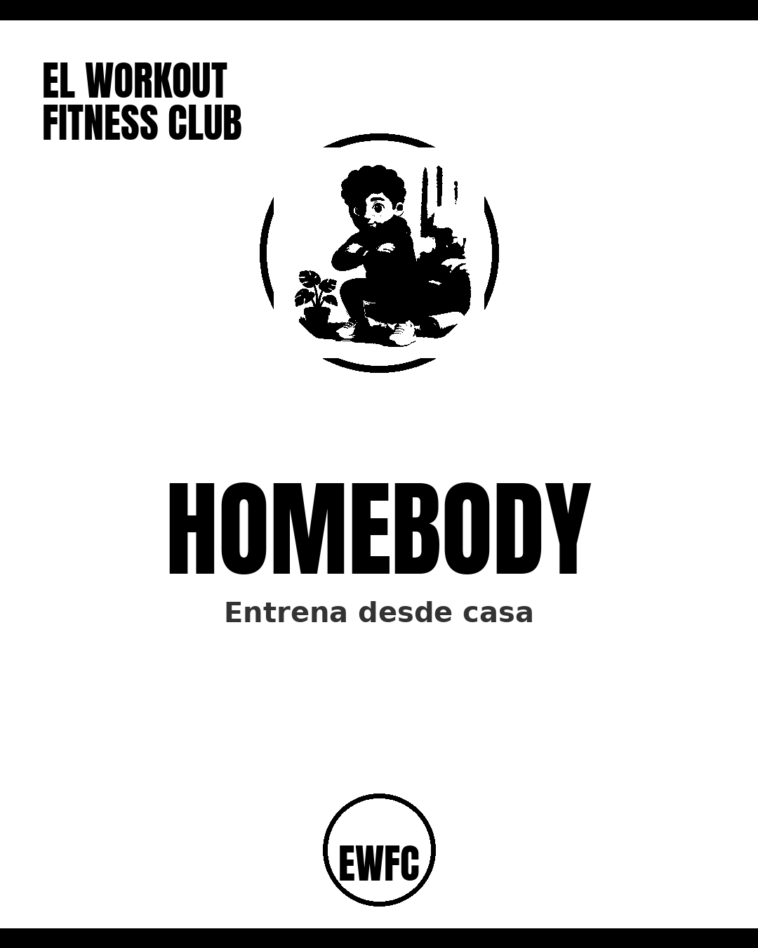 Homebody program cover — person squatting at home, black icon in a circle on white, El Workout Fitness Club
