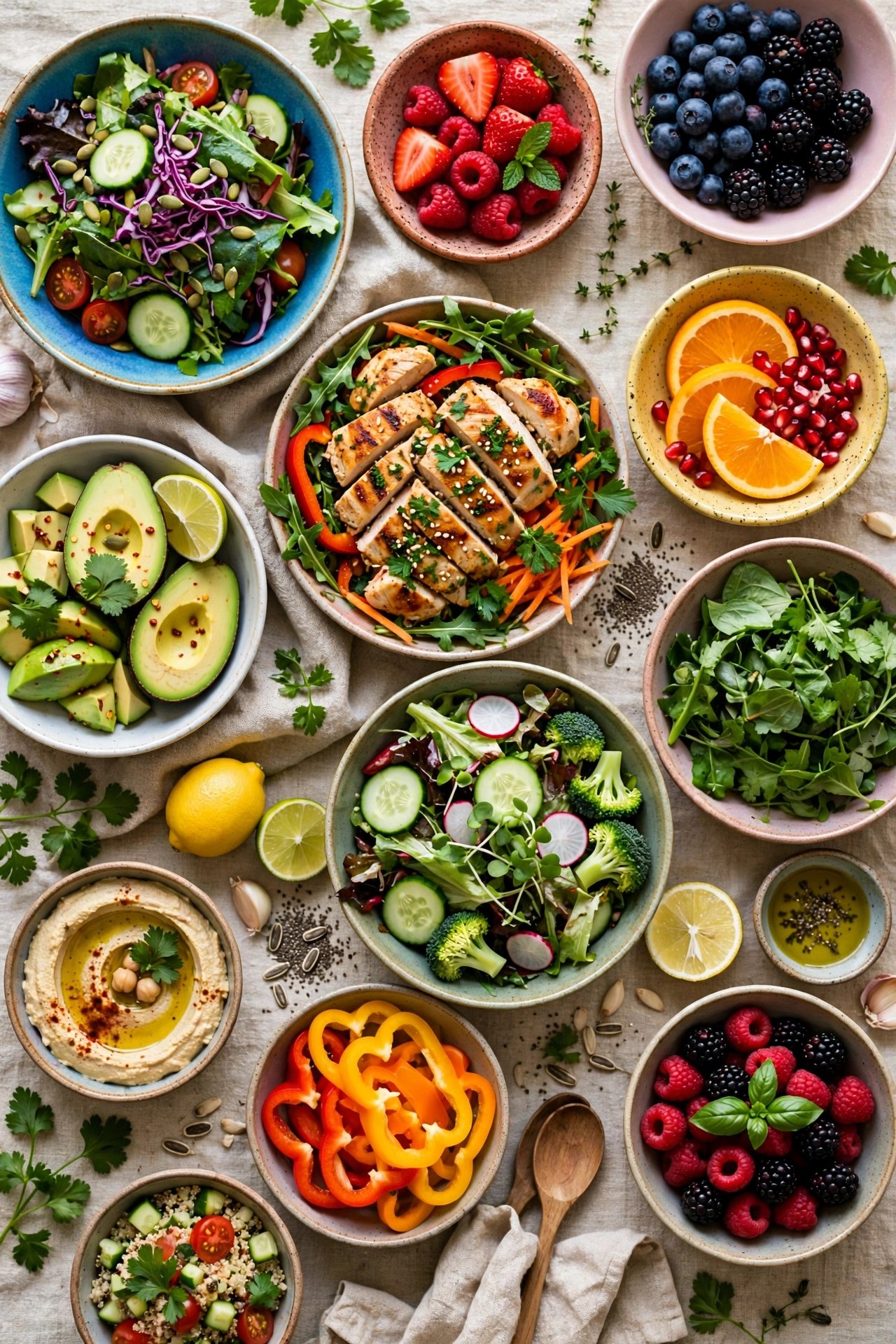 Colorful bowls of fresh vegetables, fruits and salads