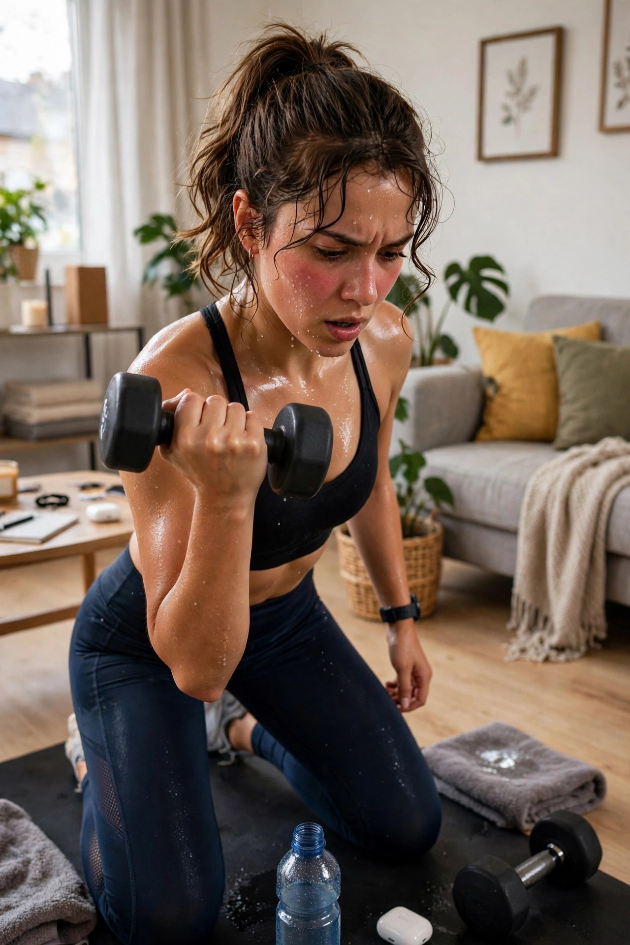 Woman exercising at home with dumbbells, sweating